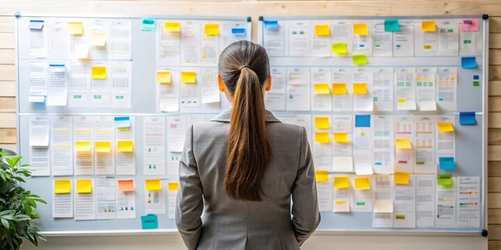 Vista trasera de una empresaria mirando un tablero de anuncios con informaci&oacute;n empresarial, desarrollo de estrategia de trabajo, esquema metodol&oacute;gico de proyecto y calendario de tareas.