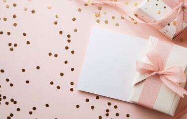 Gift wrapping and blank card on a festive pink background decorated with golden confetti