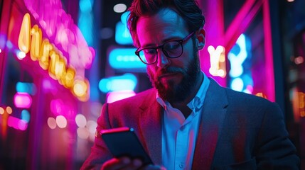 A businessman making online payments via smartphone in a vibrant, neon-lit, digital environment, highlighting innovation.