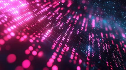 Fototapeta premium Encrypted data flowing through a secure network, with binary code overlay and neon highlights on a dark background.