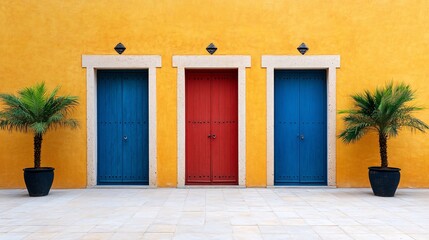 Fototapeta premium Colorful Doors with Palm Trees Against a Yellow Wall