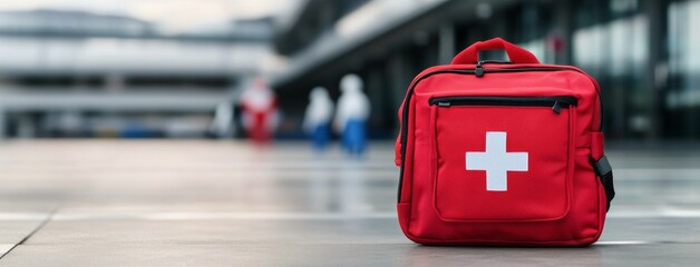 Red first aid kit positioned prominently in a medical facility during daylight hours