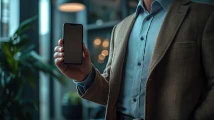 A businessman in a modern office environment, holding a smartphone, with soft lighting emphasizing his focus.