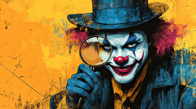  clown investigates with a magnifying glass on yellow
