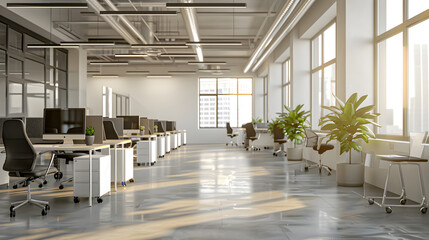 A large open office space with a lot of natural light and plants
