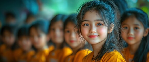 Happy Young Girl in a Crowd of Children