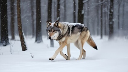 Naklejka premium In this captivating scene, a lone wolf makes its way through a snow-covered forest, embodying both solitude and strength. 