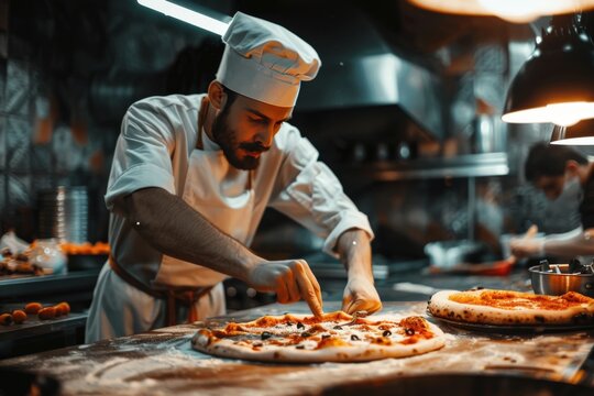 A chef is making a pizza in a kitchen,generative ai image