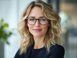 closeup portrait of a confident businesswoman with wavy blonde hair and stylish glasses warm smile and piercing gaze set against a softfocus professional office background