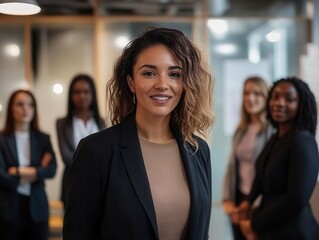 confident businesswoman leading a diverse team in a modern office setting dynamic composition showcasing female leadership professionalism and teamwork in a contemporary workspace