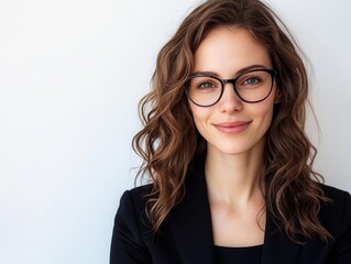Obraz premium confident businesswoman portrait against clean white backdrop warm smile professional attire and modern glasses convey approachability and expertise