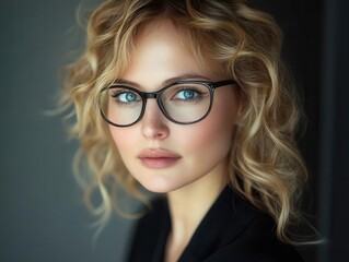 Obraz premium confident businesswoman portrait piercing blue eyes behind stylish glasses tousled blonde curls warm studio lighting professional yet approachable demeanor