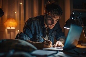 A man is sitting at a desk with a laptop open in front of him,generative ai image
