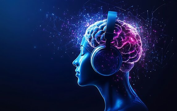 Digital illustration of a woman with headphones listening to music, with brain activity and musical notes visualized.