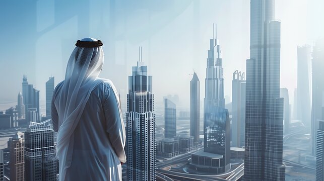 Arabian businessman standing with hands on hips against modern cityscape background - Powered by Adobe