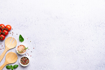 Food blog or cook book cover template with frame made with colorful tomatoes, herbs and spices and...