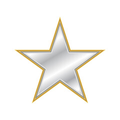 Silver star with gold outline on transparent background