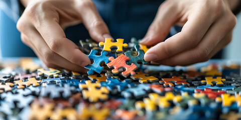 Hands Working on a Puzzle with Multicolored Pieces on a Table
