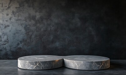  3D product table in an empty studio against a black wall. Podium for presentation. Concrete dark surface. Marble luxury countertop mockup. 