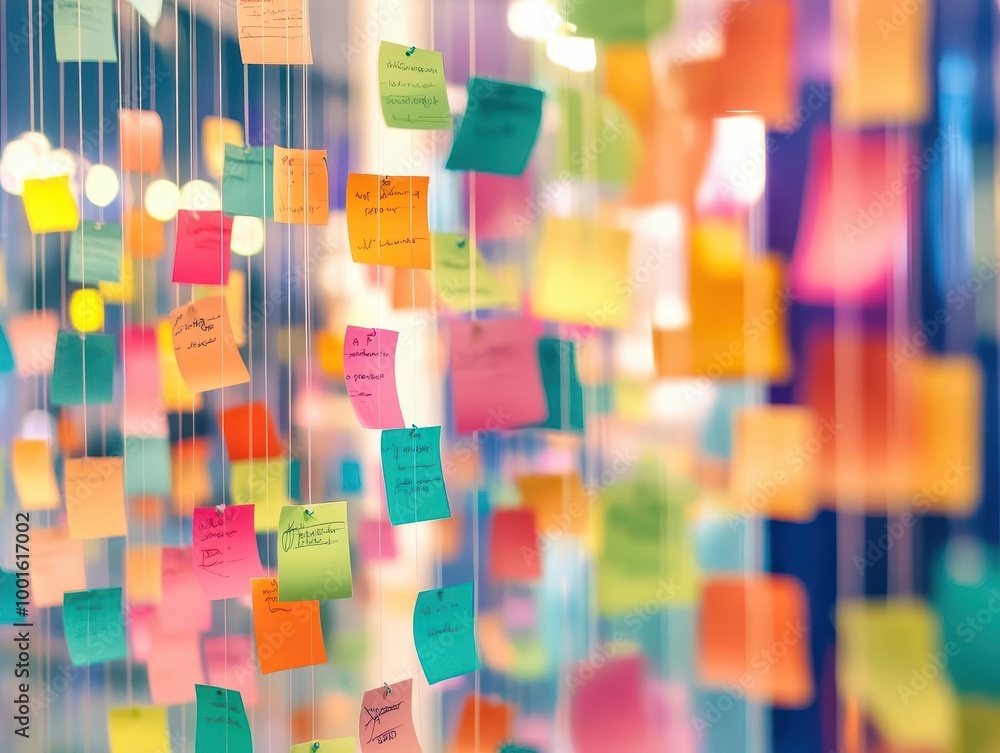 Aufkleber creative brainstorming wall covered in colorful sticky notes ideas and concepts interconnected with 