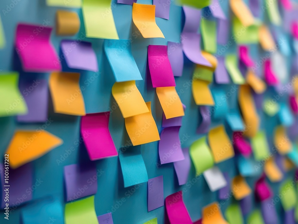Aufkleber creative workspace with a wall covered in colorful sticky notes representing brainstorming and plann