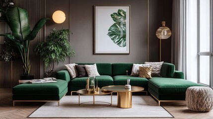 Modern interior design, luxury living room at home with green velvet sofa, coffee table, pouf, golden decoration, plant, lamp, carpet, mock-up poster frame and elegant accessories. bright, spacious ro