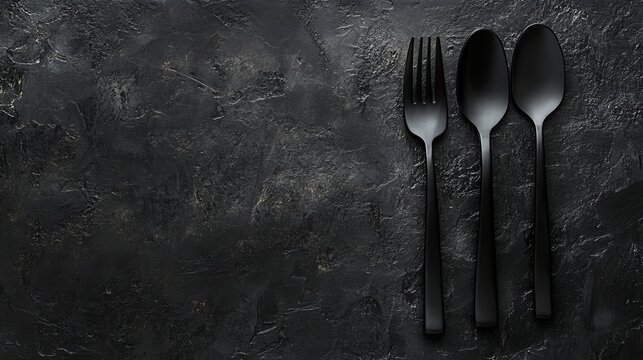 Top down view of cutlery on dark background
