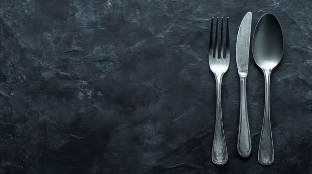 Top down view of cutlery on dark background
