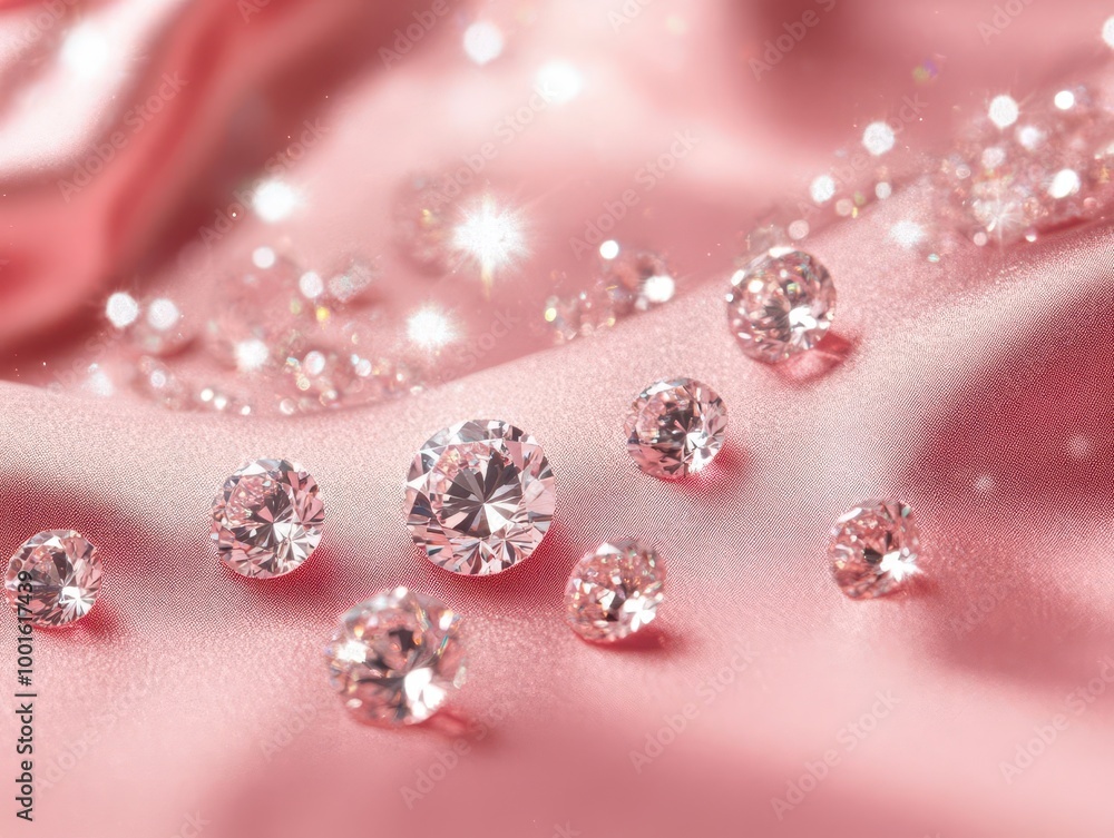 Poster dazzling array of cut diamonds scattered across a luxurious pink satin background soft lighting crea