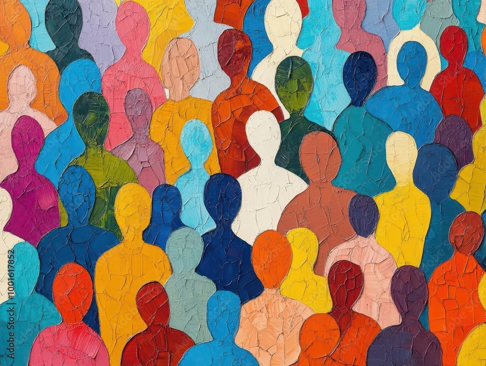 Poster diverse crowd of stylized human figures in vibrant colors forming abstract mosaic pattern overlappin
