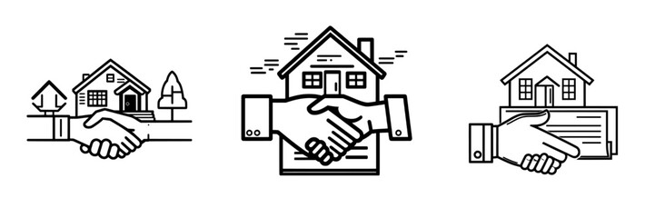 An illustration of a handshake with a document showcasing a house, symbolizing a real estate contract.