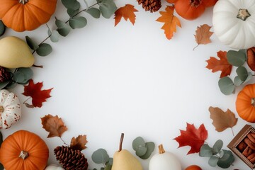Fototapeta premium Autumn harvest arrangement with pumpkins, gourds, and fall leaves on a white background