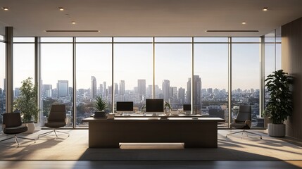 modern business offices with desk background. large, bright, spacious office
