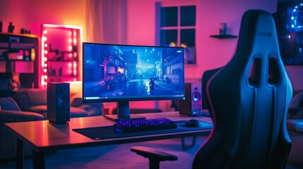 Powerful Personal Computer Gamer Rig with First-Person Shooter Game on Screen. Monitor Stands on the Table at Home. Cozy Room with Modern Design is Lit with Pink Neon Light.
