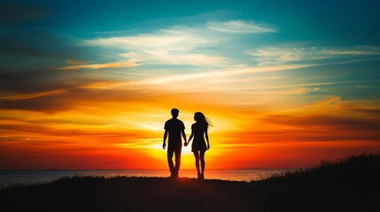 Fototapeta premium Romantic couple on the beach at sunset watching horizon, honeymoon vacation holidays at sea destination, silhouette of two lovers holding hand 