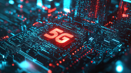 Futuristic 5g technology circuit board with glowing elements