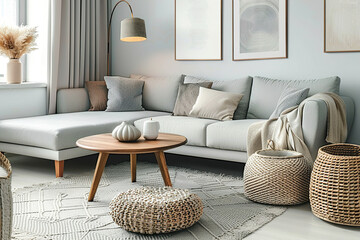 A living room with a couch, coffee table, and potted plant.,