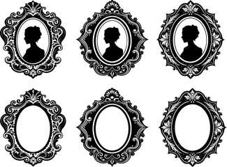 Obraz premium Set Vektor Silhouette Antike Bilderrahmen - Kopf einer Frau aus einer früheren Epoche - Leere Bilderrahmen als Design Element Vorlage