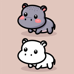Fototapeta premium set of cute hippopotamus cartoon drawing and color book vector