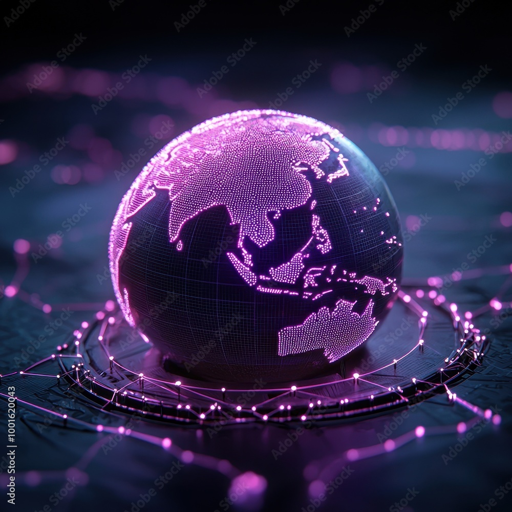 Poster futuristic globe design with glowing lines, representing digital connectivity and global networking.
