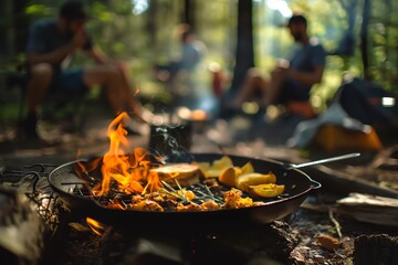 A group of friends are camping in the woods. They are cooking food over a campfire.