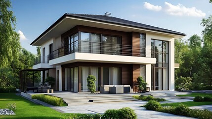 Fototapeta premium Modern two story house with large windows and a balcony. Real estate exterior design. Luxury home architecture.