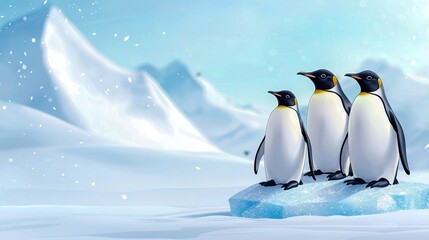 Fototapeta premium Three cheerful penguins stand on an ice floe, surrounded by a serene snowy landscape and distant mountains.