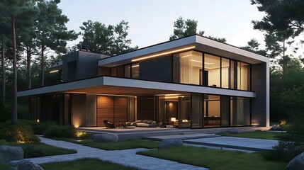 Fototapeta premium Modern house with large windows, a patio, and a pool in a forest setting. Exterior design for architecture and real estate
