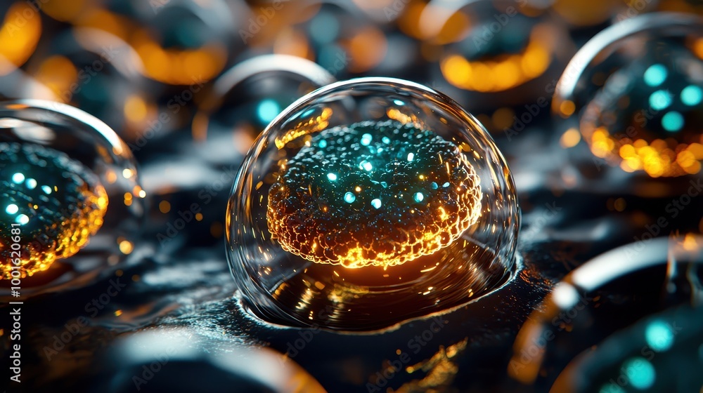 Poster a mesmerizing close-up of glowing bubbles showcasing intricate patterns and vibrant colors, ideal fo
