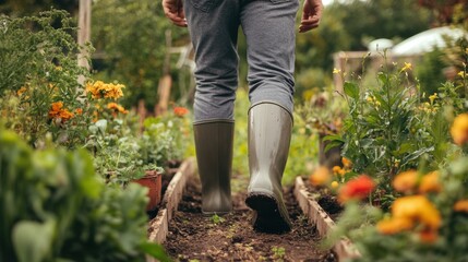 Fototapeta premium Walking through a vibrant garden in rubber boots during summer