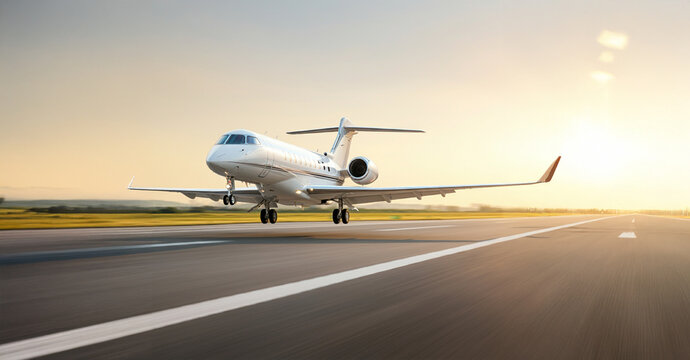 A private jet aircraft about to take off from the runway at the airport.