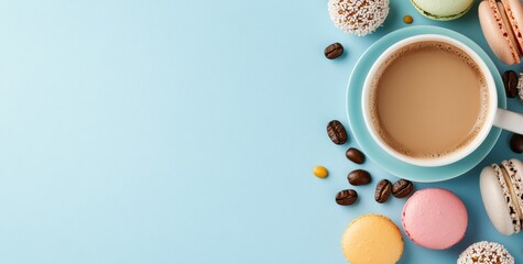 Obraz premium A delightful assortment of macarons paired with a steaming cup of coffee on a light blue surface