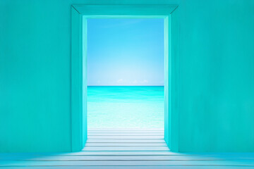 A serene turquoise doorway opening to a bright, calm ocean view on a sunny day