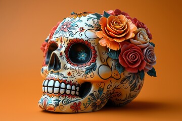 A vibrant decorative skull adorned with roses, perfect for Day of the Dead celebrations, ideal for festive decorations, cultural events, and holiday promotions.